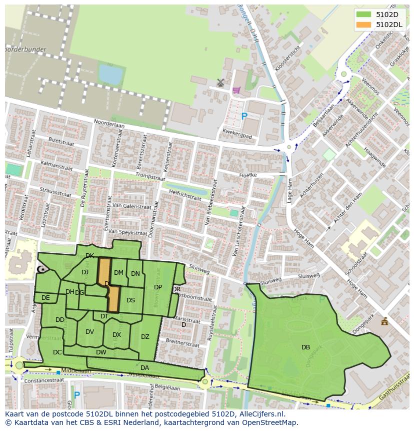 Afbeelding van het postcodegebied 5102 DL op de kaart.