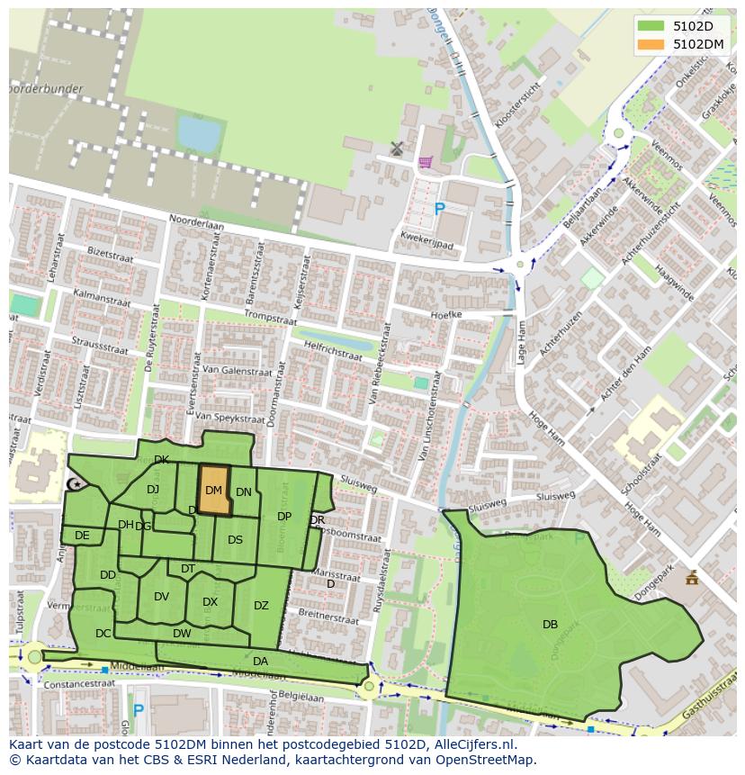 Afbeelding van het postcodegebied 5102 DM op de kaart.