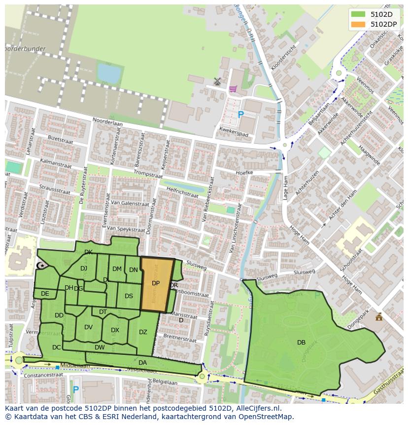 Afbeelding van het postcodegebied 5102 DP op de kaart.