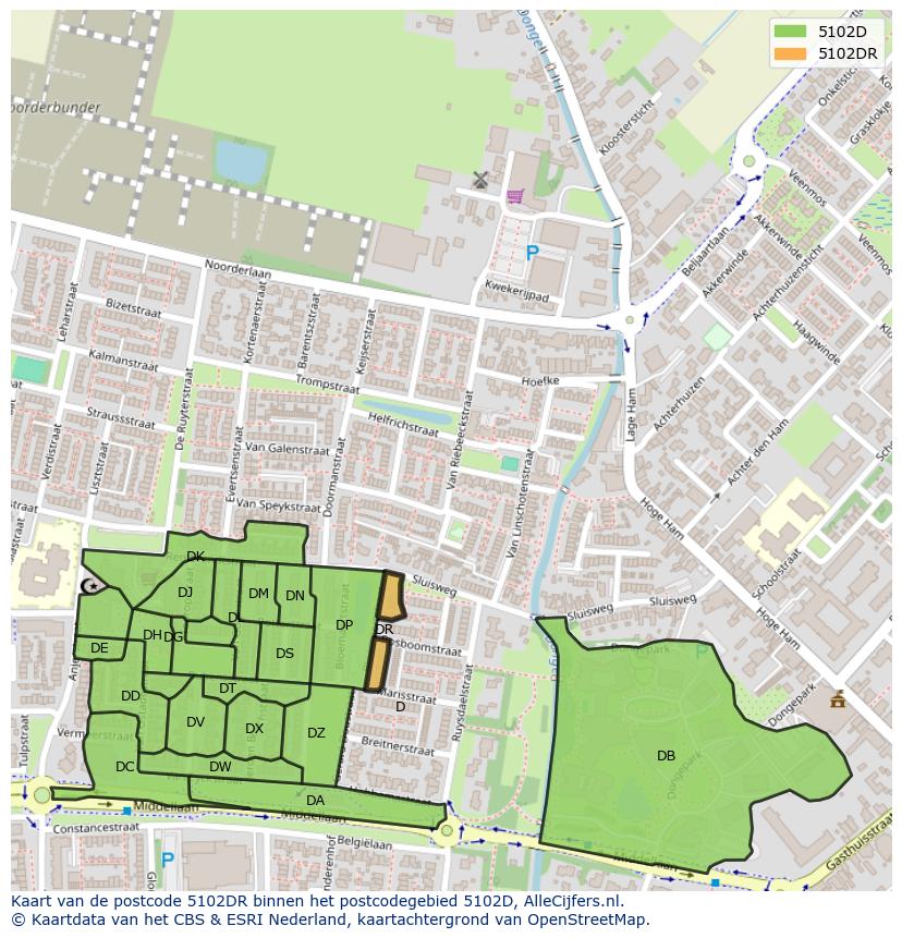 Afbeelding van het postcodegebied 5102 DR op de kaart.