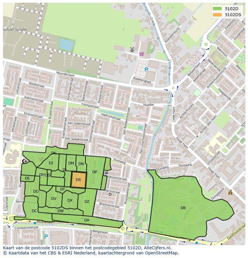 Afbeelding van het postcodegebied 5102 DS op de kaart.