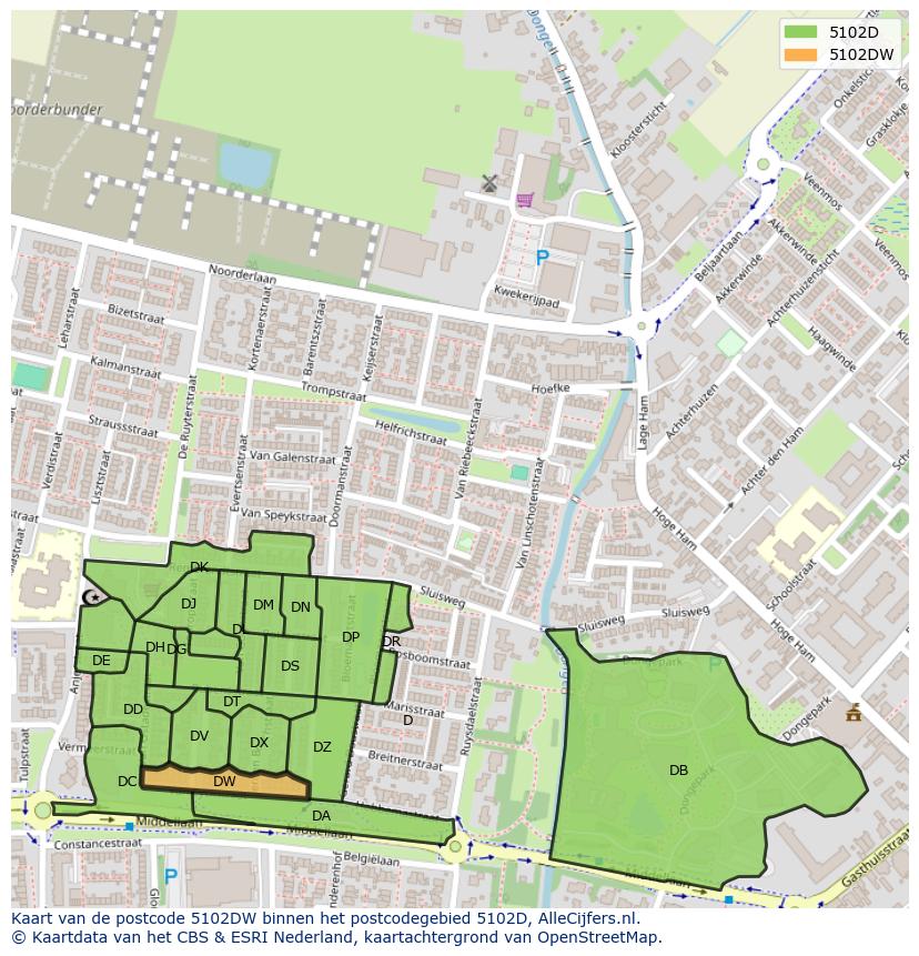 Afbeelding van het postcodegebied 5102 DW op de kaart.
