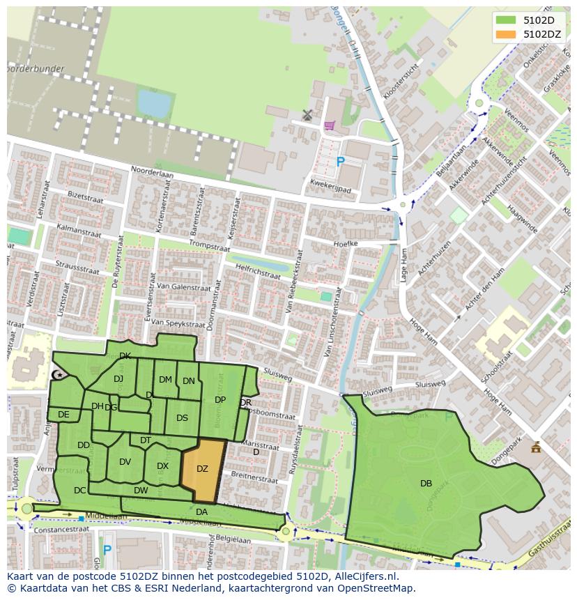 Afbeelding van het postcodegebied 5102 DZ op de kaart.