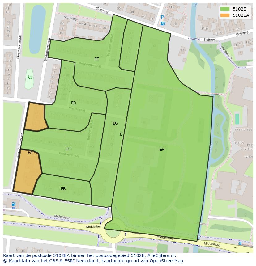 Afbeelding van het postcodegebied 5102 EA op de kaart.
