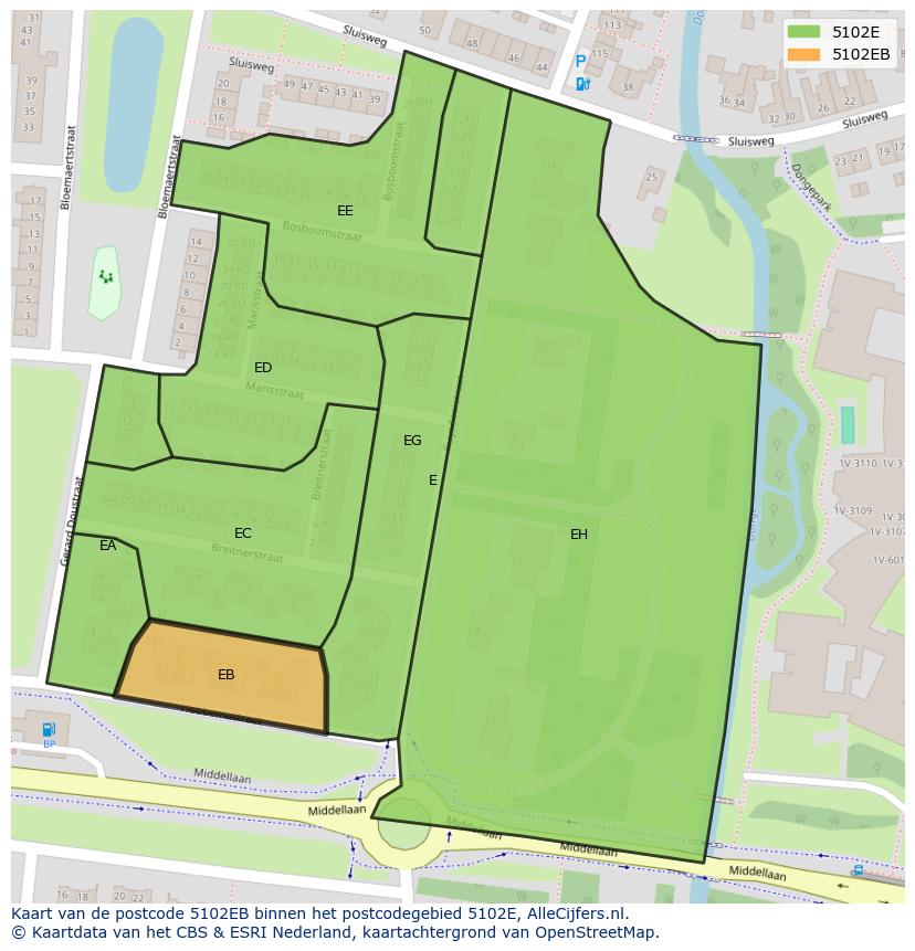 Afbeelding van het postcodegebied 5102 EB op de kaart.