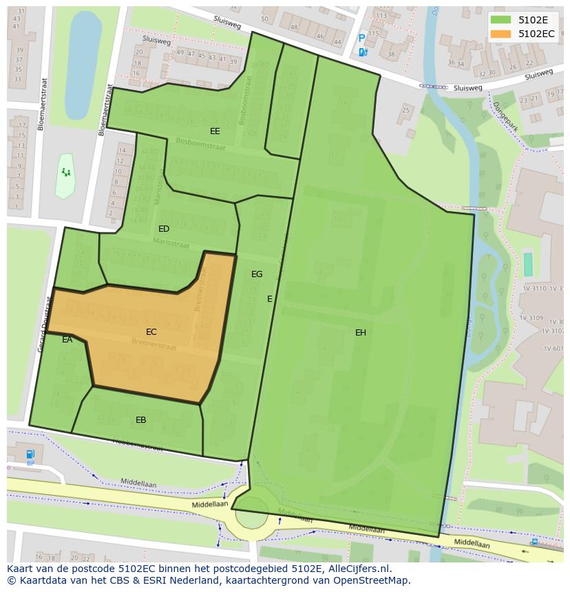 Afbeelding van het postcodegebied 5102 EC op de kaart.