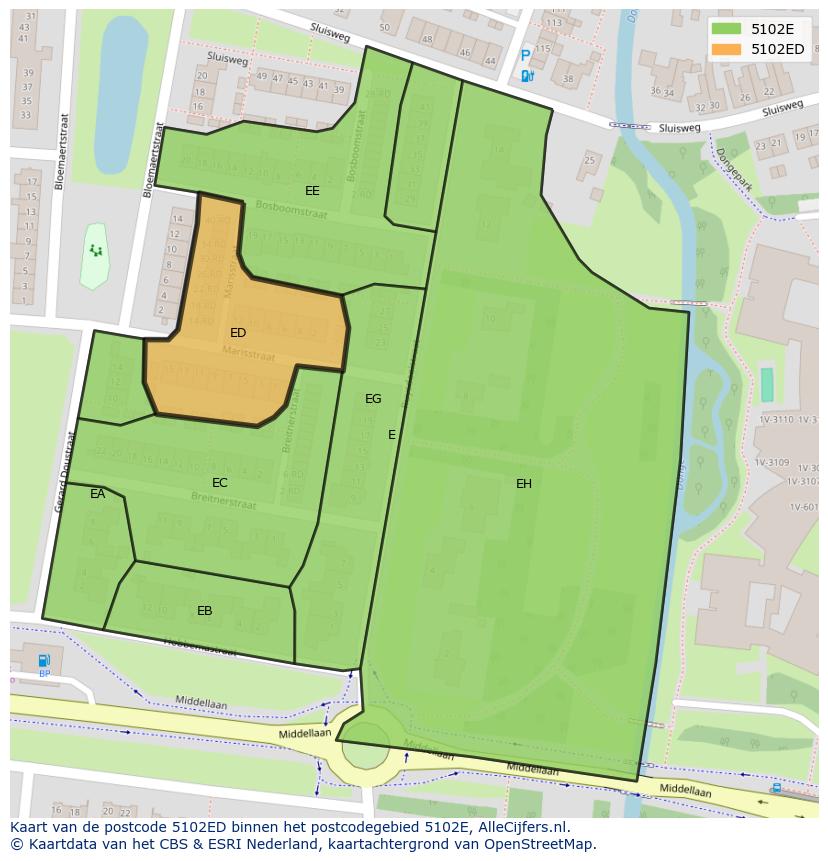 Afbeelding van het postcodegebied 5102 ED op de kaart.