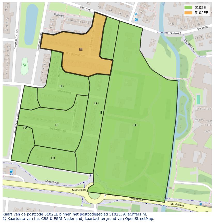 Afbeelding van het postcodegebied 5102 EE op de kaart.