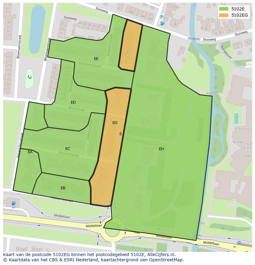 Afbeelding van het postcodegebied 5102 EG op de kaart.