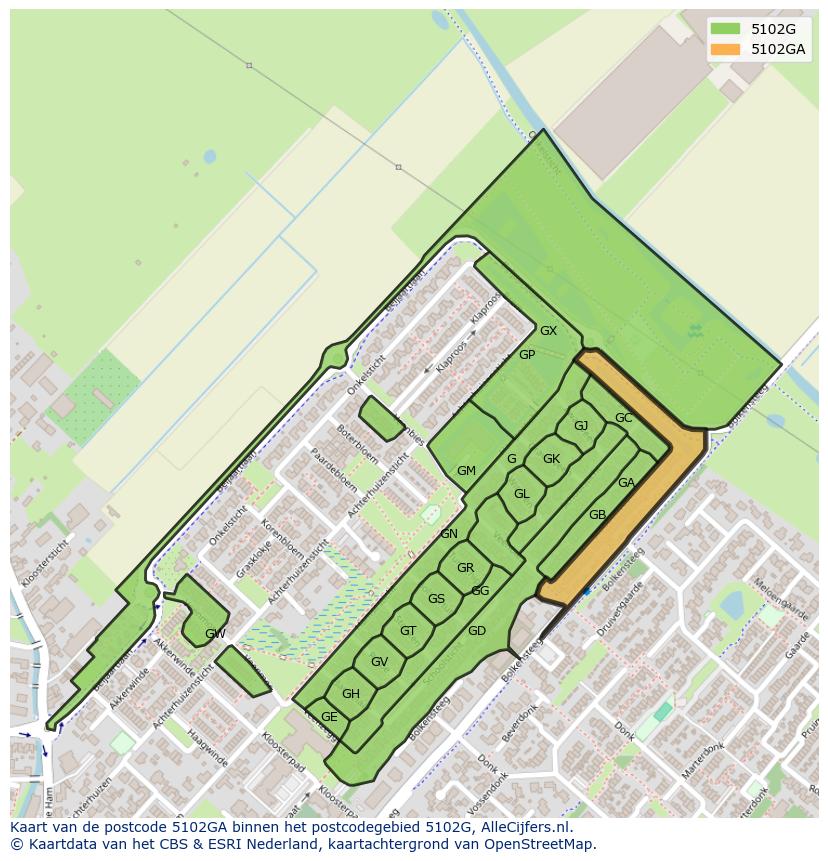 Afbeelding van het postcodegebied 5102 GA op de kaart.