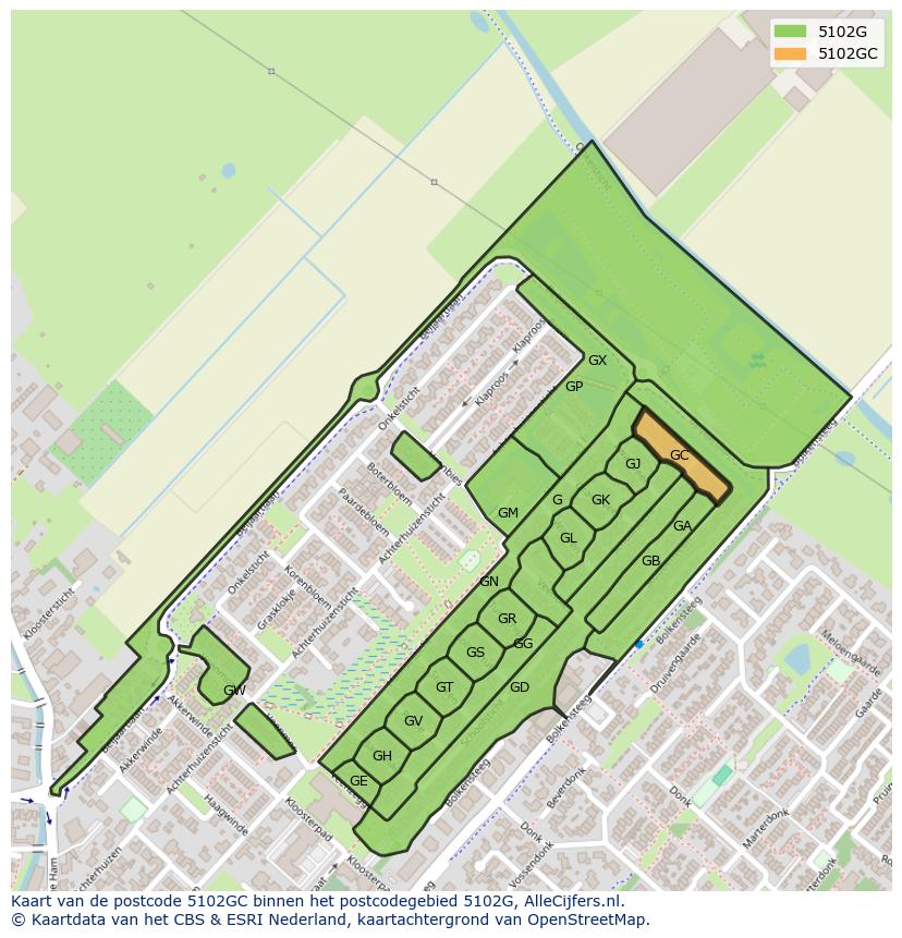 Afbeelding van het postcodegebied 5102 GC op de kaart.