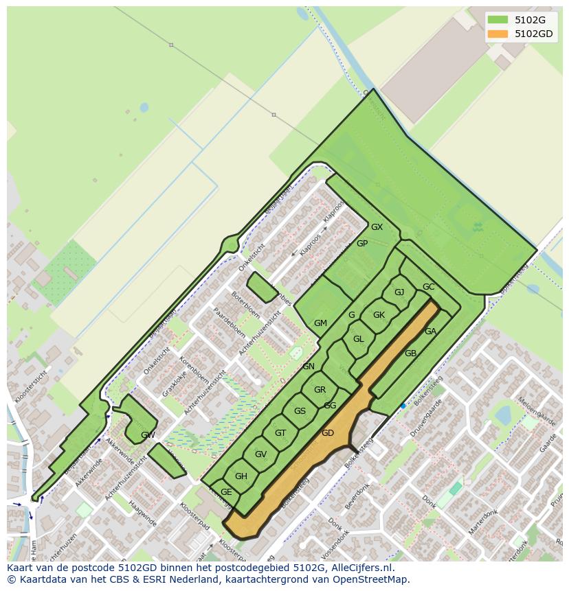 Afbeelding van het postcodegebied 5102 GD op de kaart.