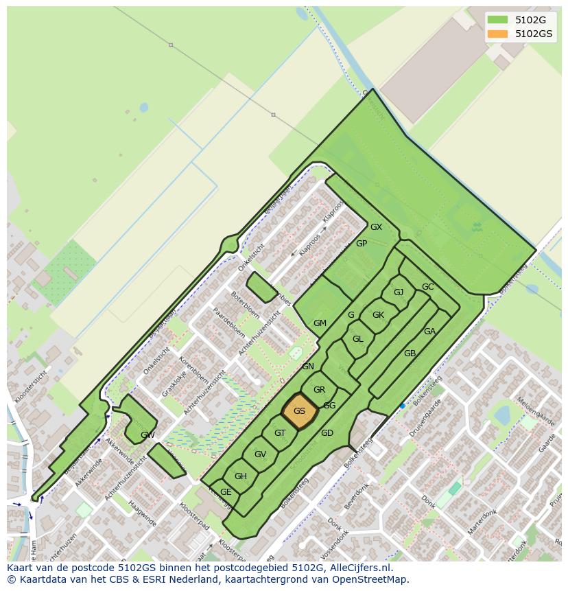 Afbeelding van het postcodegebied 5102 GS op de kaart.