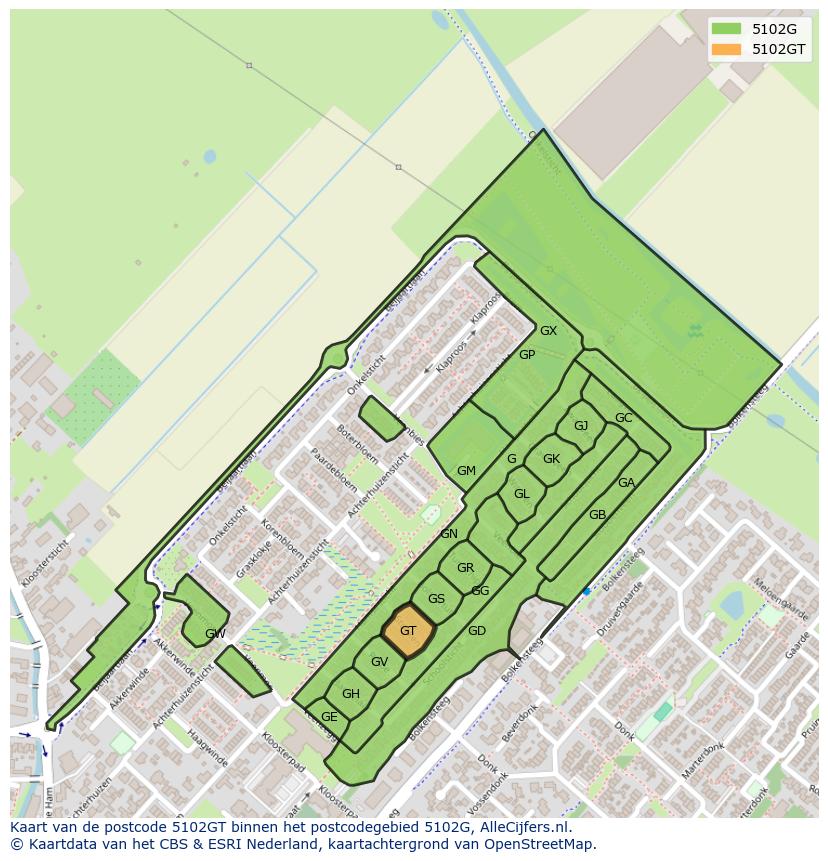 Afbeelding van het postcodegebied 5102 GT op de kaart.