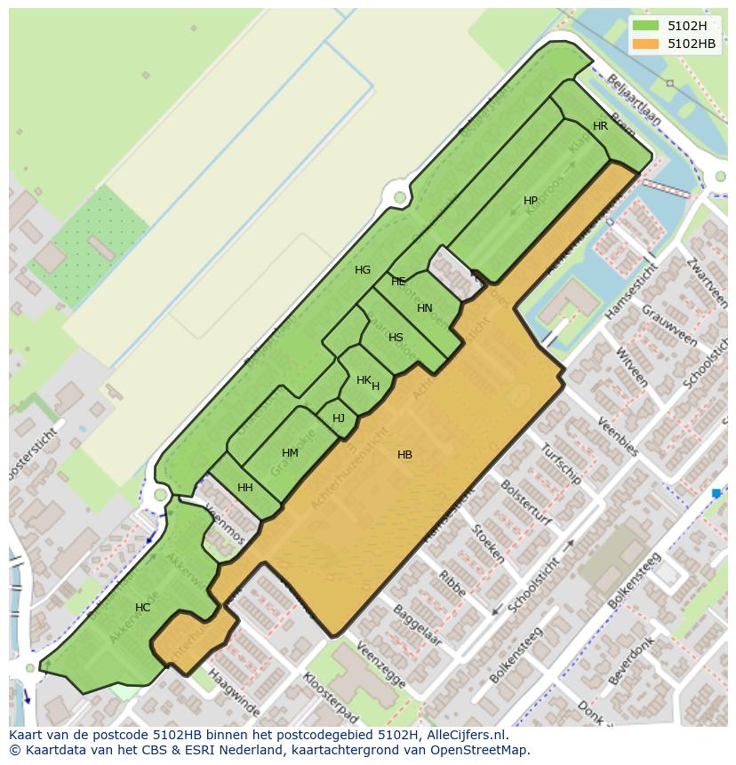 Afbeelding van het postcodegebied 5102 HB op de kaart.