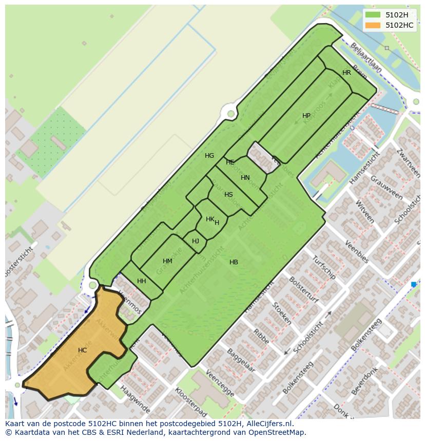 Afbeelding van het postcodegebied 5102 HC op de kaart.