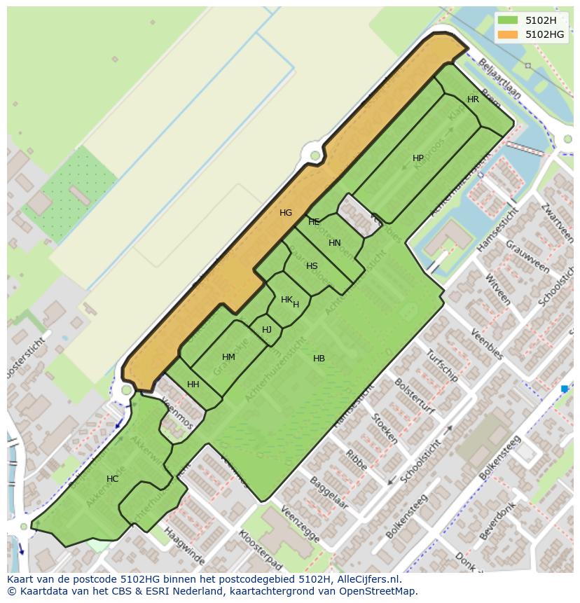 Afbeelding van het postcodegebied 5102 HG op de kaart.