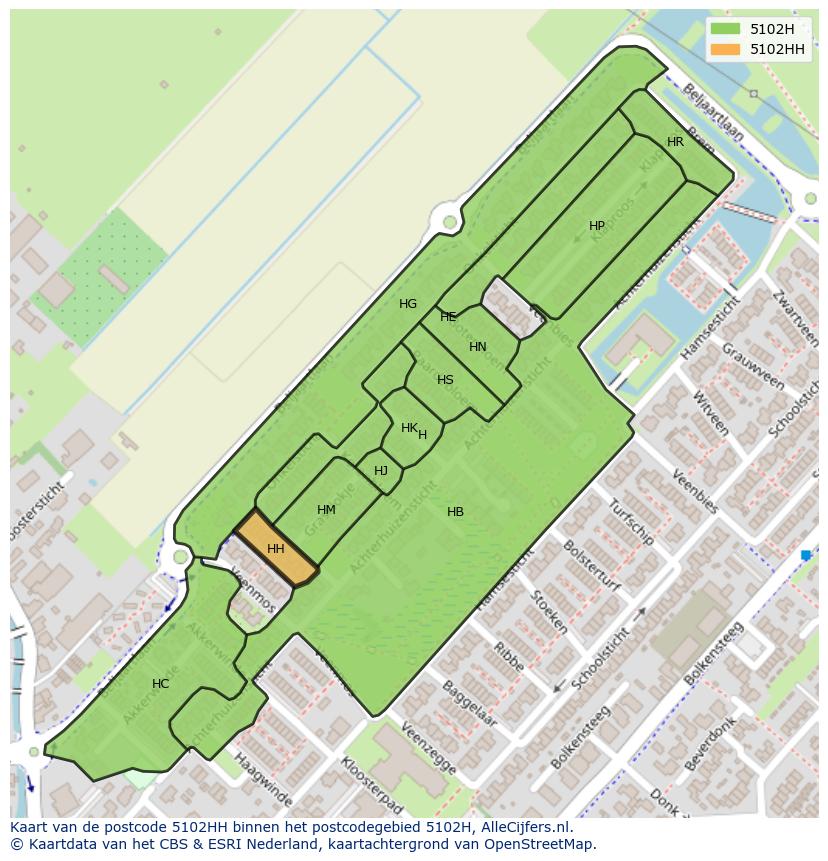 Afbeelding van het postcodegebied 5102 HH op de kaart.