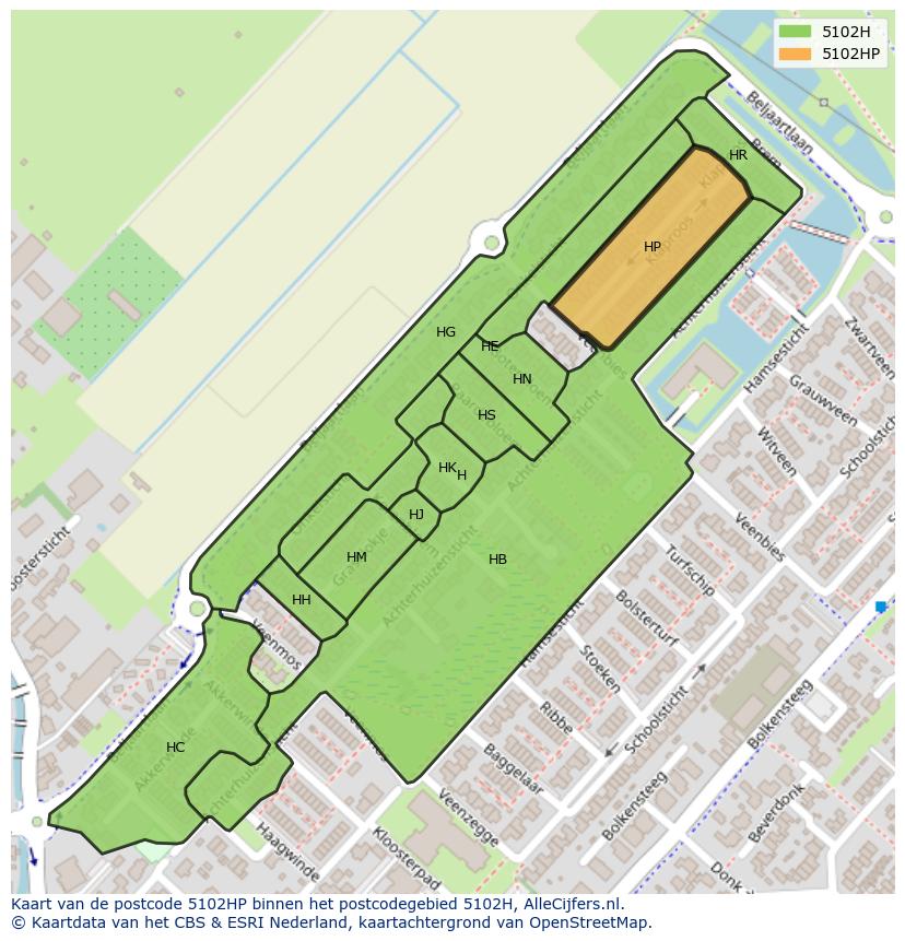 Afbeelding van het postcodegebied 5102 HP op de kaart.
