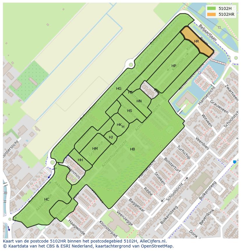 Afbeelding van het postcodegebied 5102 HR op de kaart.