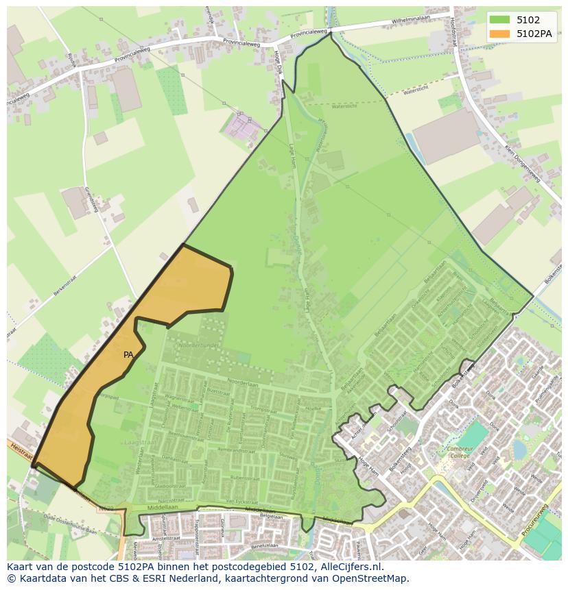 Afbeelding van het postcodegebied 5102 PA op de kaart.