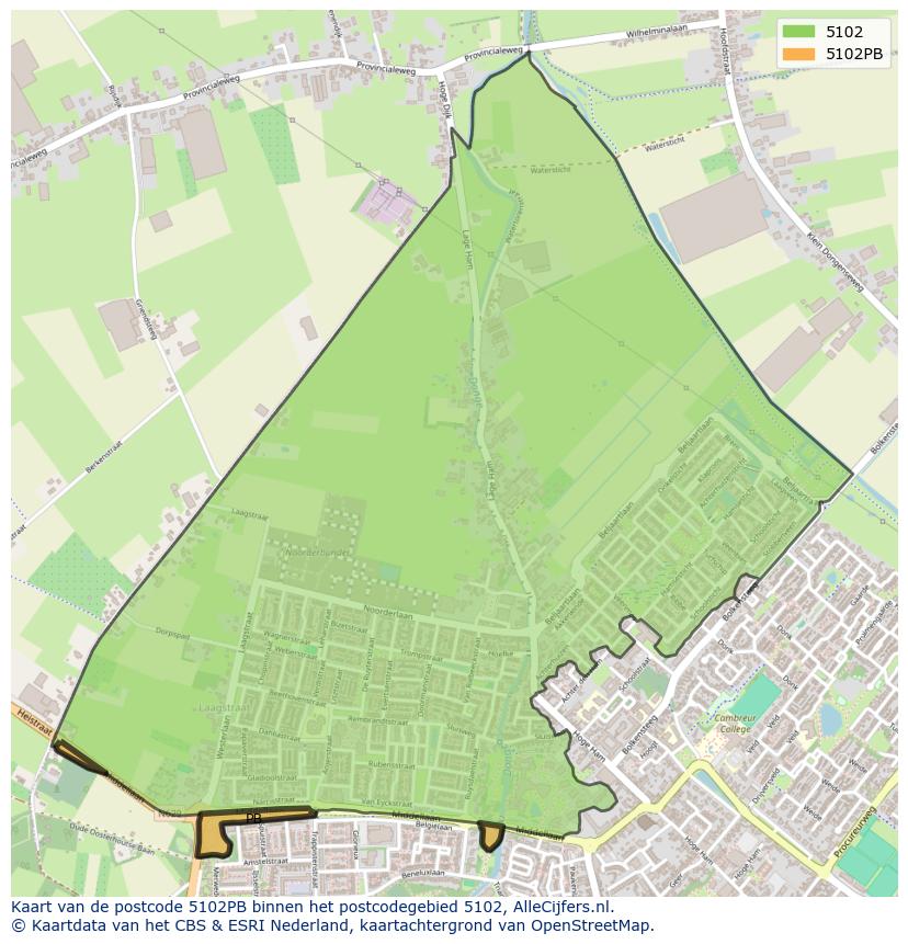 Afbeelding van het postcodegebied 5102 PB op de kaart.