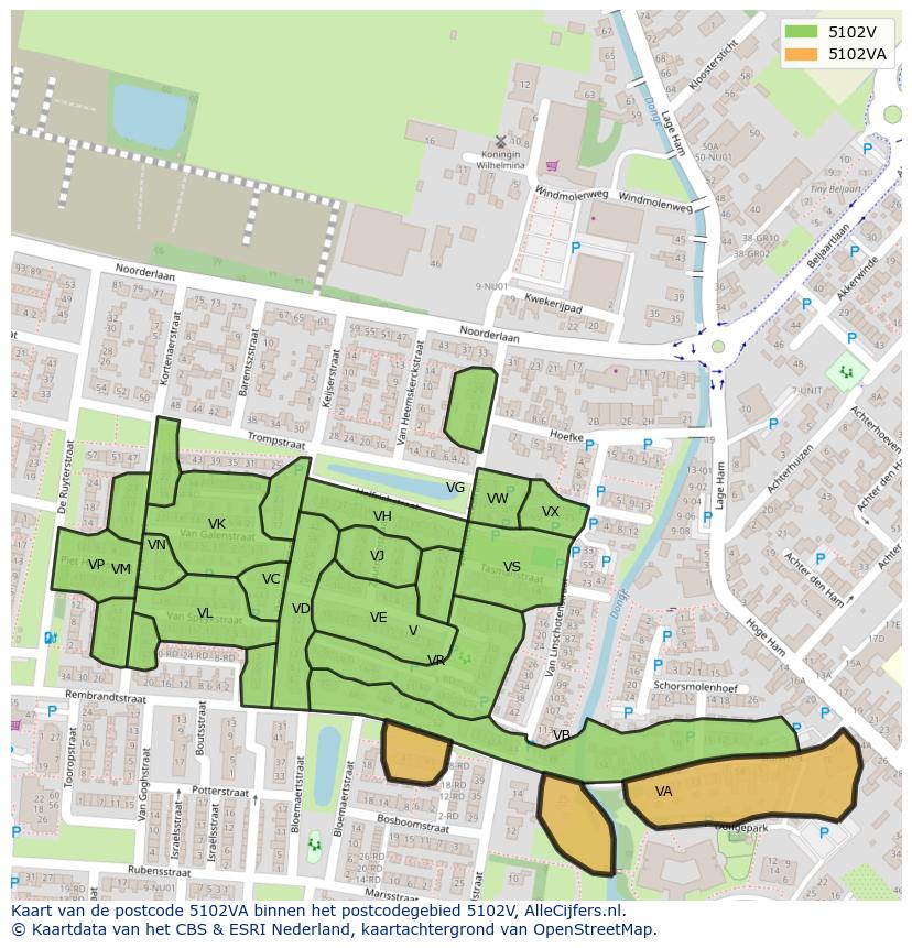 Afbeelding van het postcodegebied 5102 VA op de kaart.