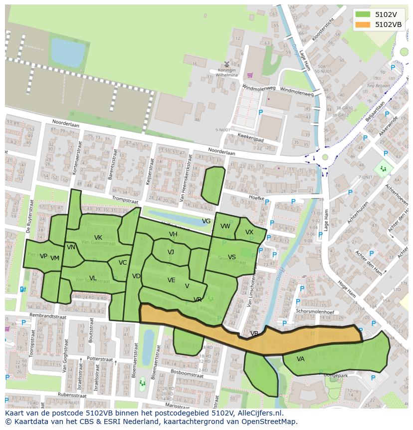 Afbeelding van het postcodegebied 5102 VB op de kaart.