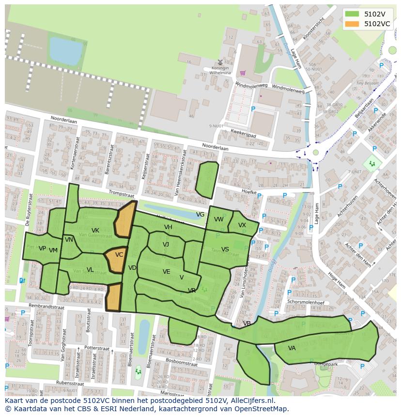 Afbeelding van het postcodegebied 5102 VC op de kaart.