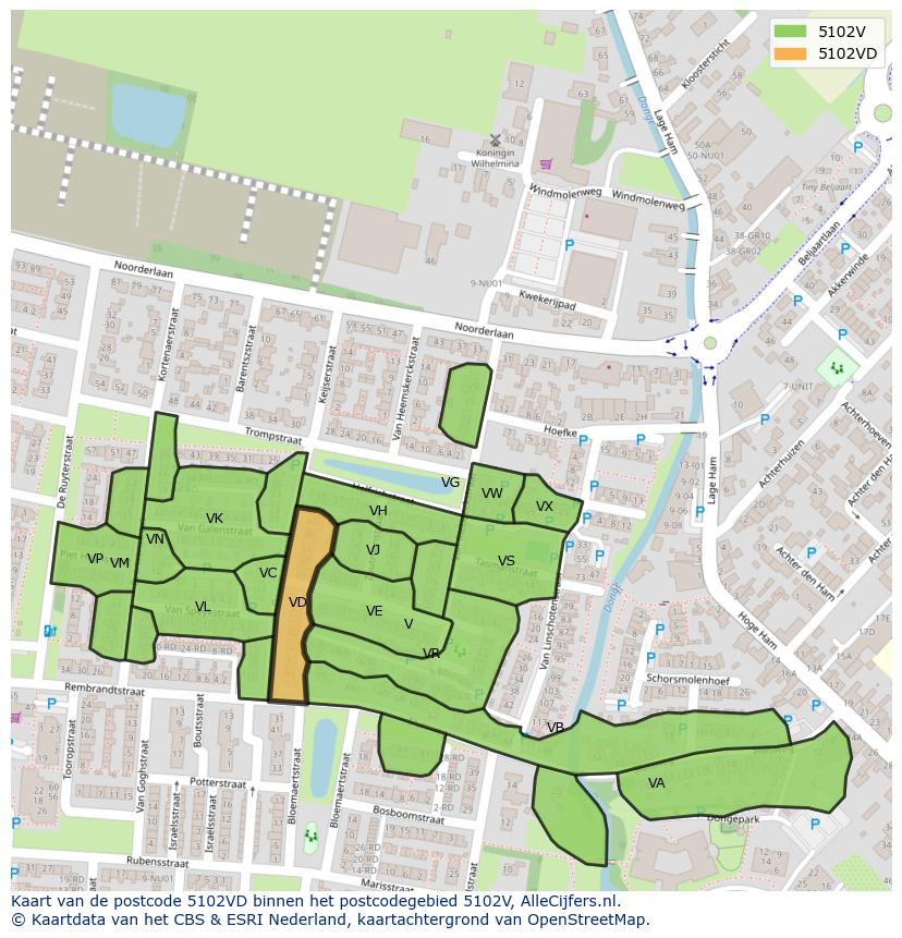 Afbeelding van het postcodegebied 5102 VD op de kaart.