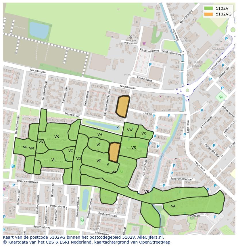 Afbeelding van het postcodegebied 5102 VG op de kaart.