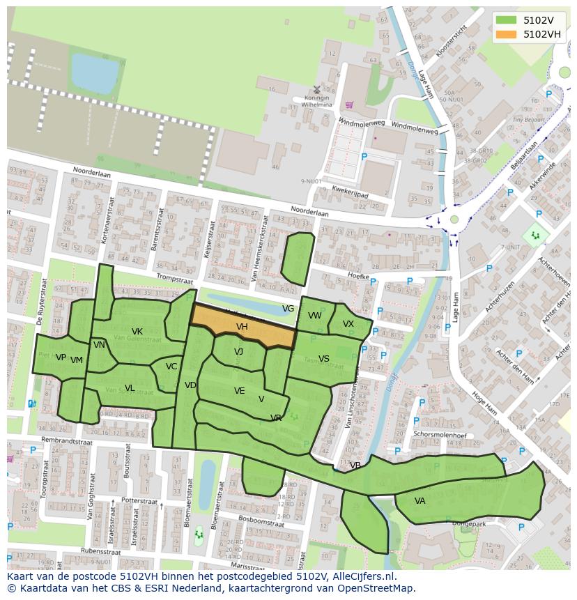 Afbeelding van het postcodegebied 5102 VH op de kaart.