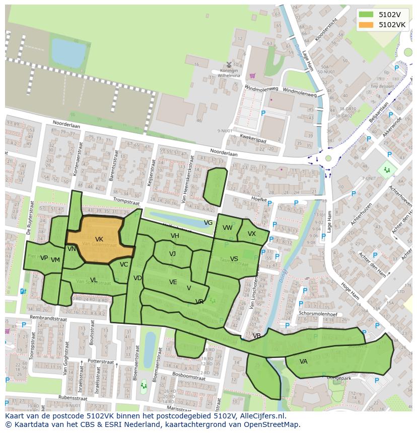 Afbeelding van het postcodegebied 5102 VK op de kaart.