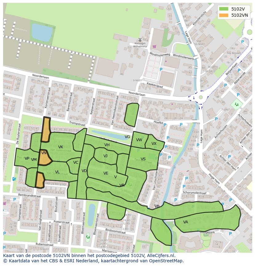Afbeelding van het postcodegebied 5102 VN op de kaart.