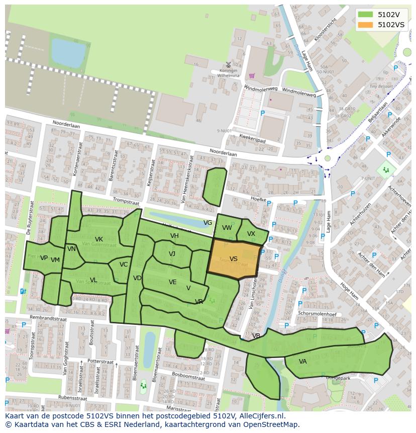 Afbeelding van het postcodegebied 5102 VS op de kaart.