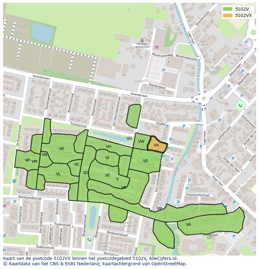 Afbeelding van het postcodegebied 5102 VX op de kaart.