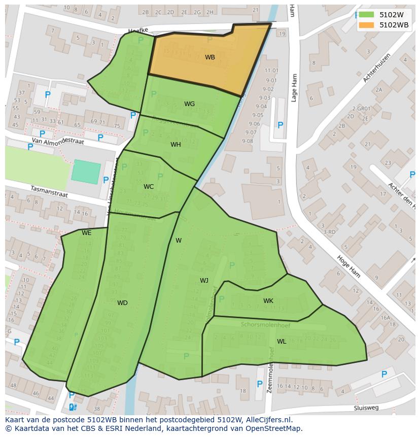 Afbeelding van het postcodegebied 5102 WB op de kaart.