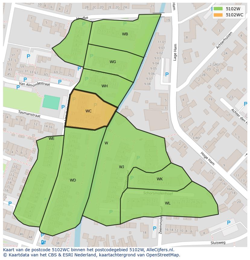 Afbeelding van het postcodegebied 5102 WC op de kaart.