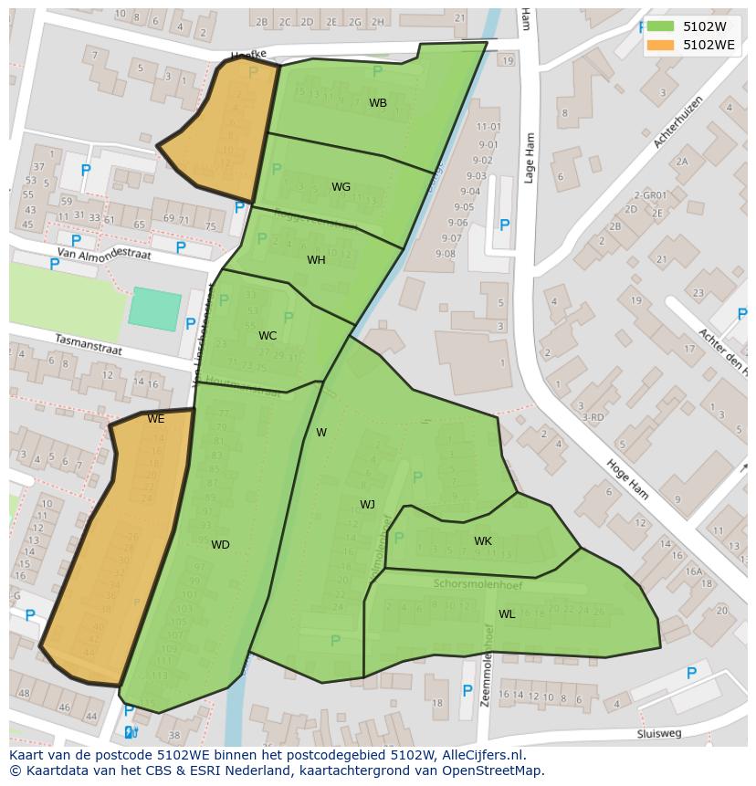 Afbeelding van het postcodegebied 5102 WE op de kaart.