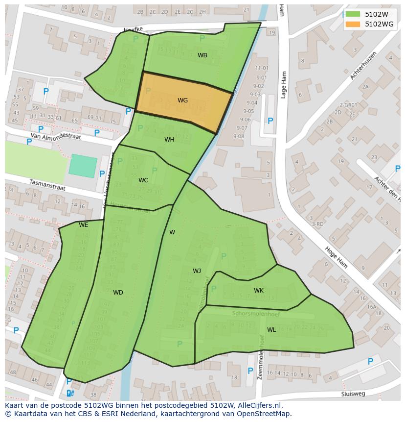 Afbeelding van het postcodegebied 5102 WG op de kaart.