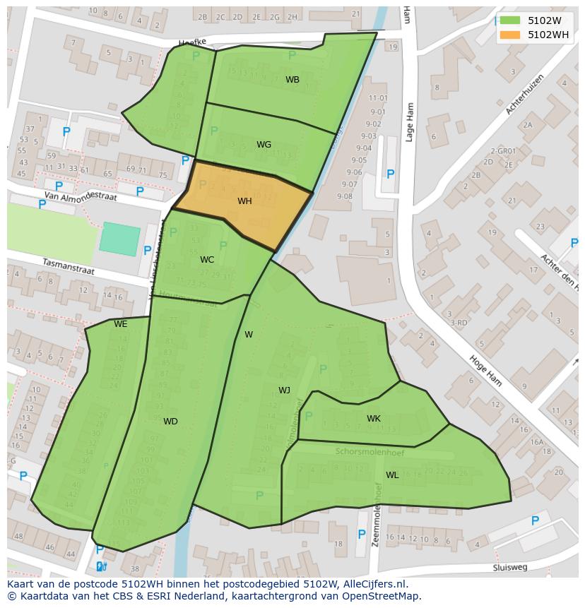 Afbeelding van het postcodegebied 5102 WH op de kaart.