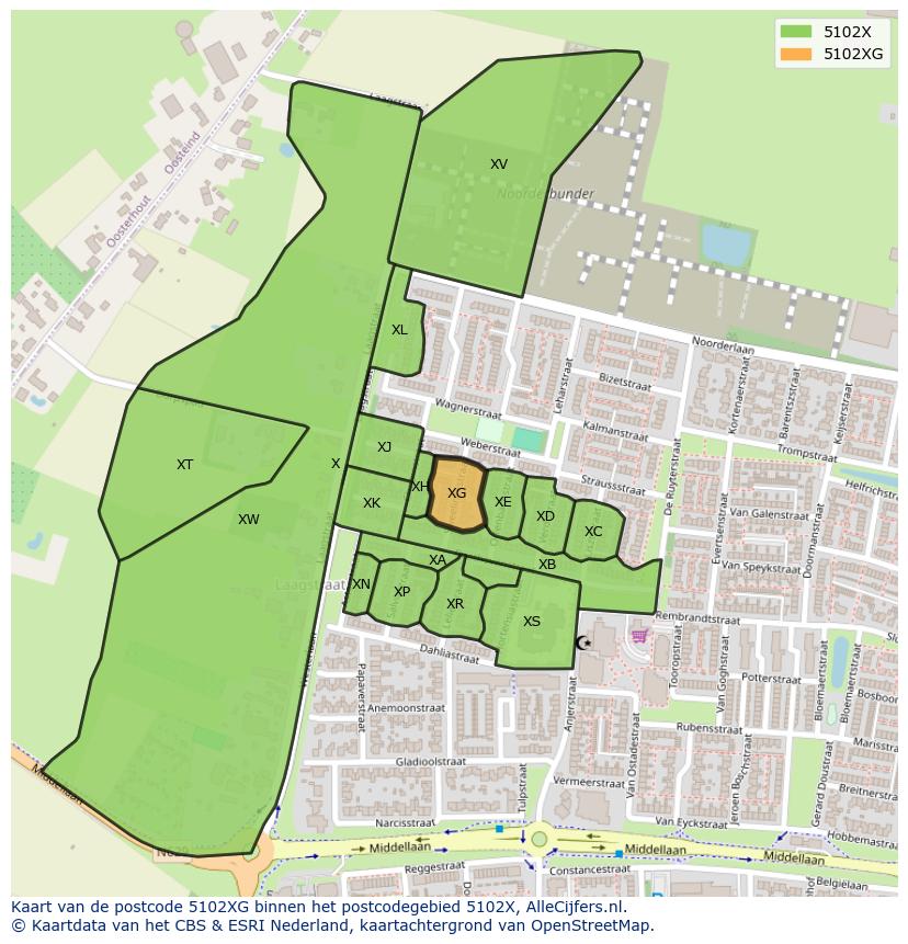 Afbeelding van het postcodegebied 5102 XG op de kaart.