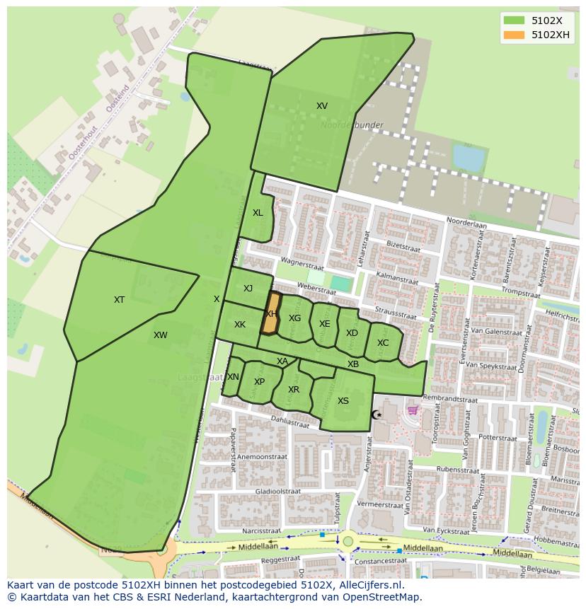 Afbeelding van het postcodegebied 5102 XH op de kaart.