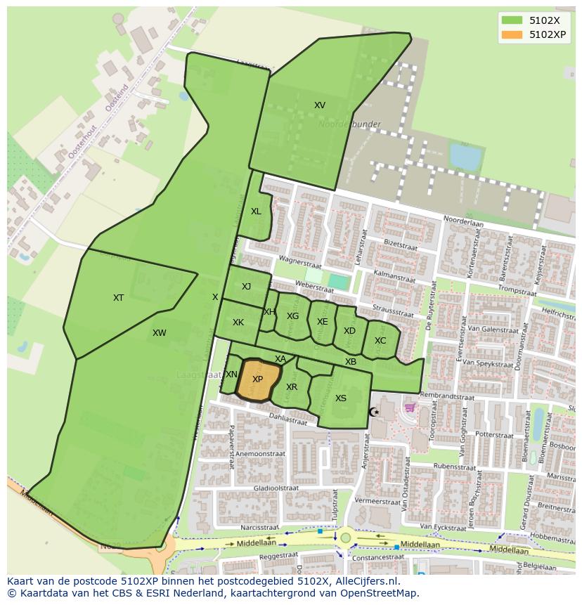 Afbeelding van het postcodegebied 5102 XP op de kaart.