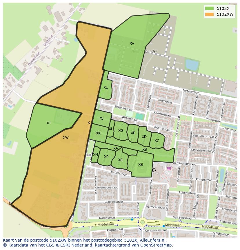 Afbeelding van het postcodegebied 5102 XW op de kaart.