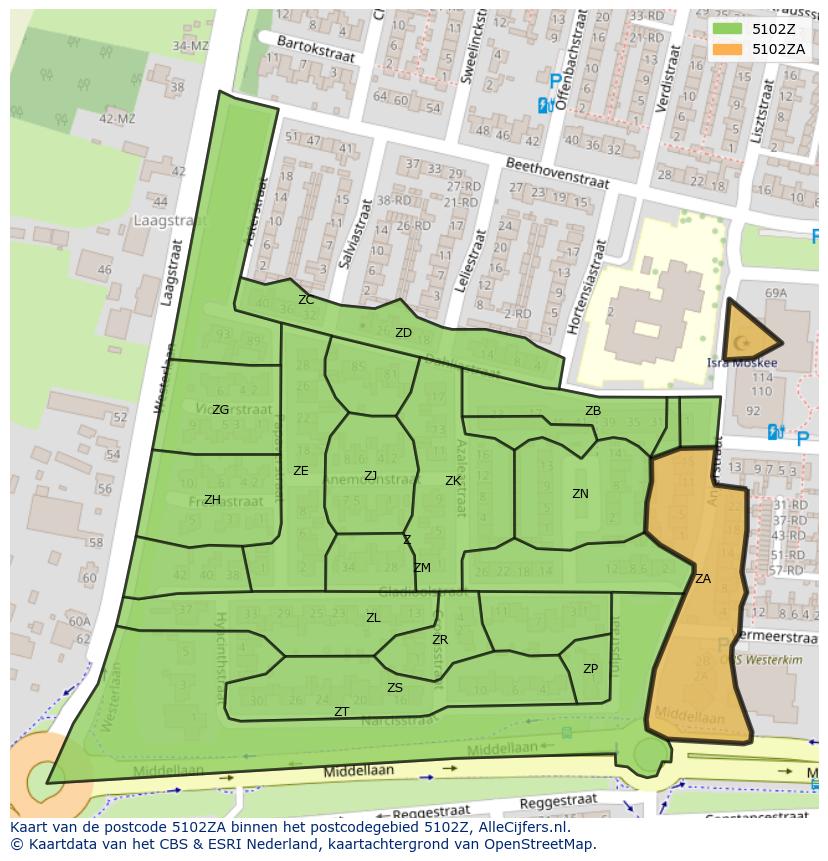 Afbeelding van het postcodegebied 5102 ZA op de kaart.