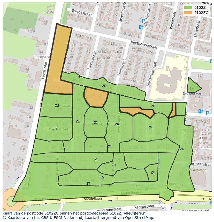 Afbeelding van het postcodegebied 5102 ZC op de kaart.