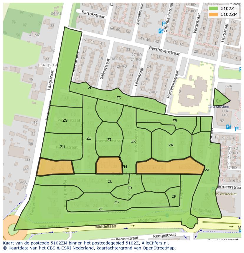 Afbeelding van het postcodegebied 5102 ZM op de kaart.