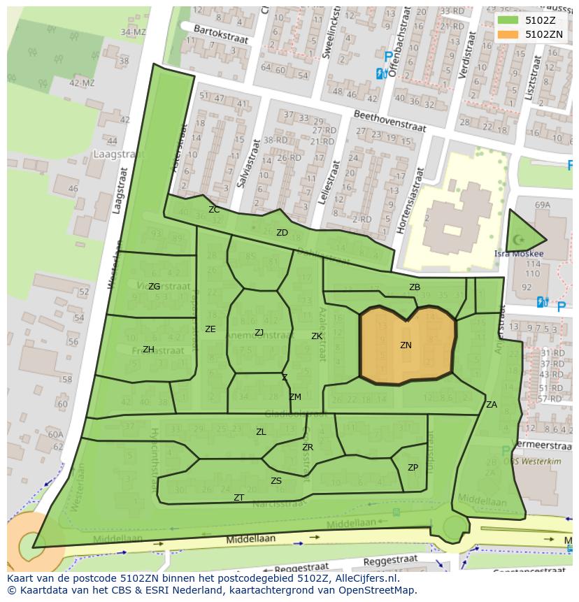 Afbeelding van het postcodegebied 5102 ZN op de kaart.