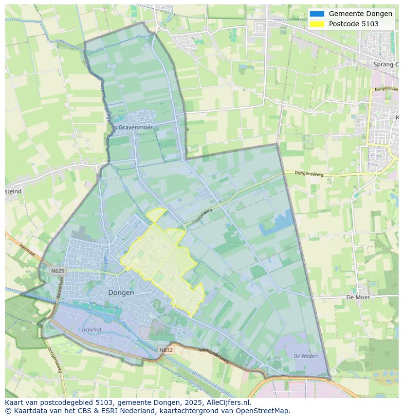 Afbeelding van het postcodegebied 5103 op de kaart.